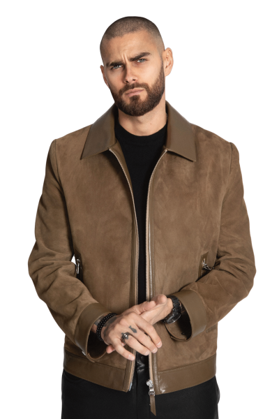 Olīvzaļa zamšādas un ādas jaka