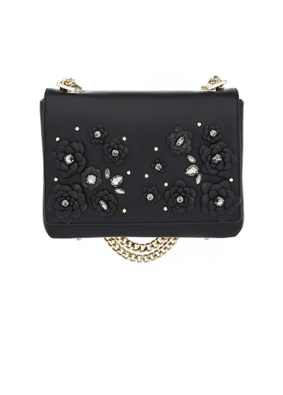 Melna liela ādas soma ar ziedu dekoru