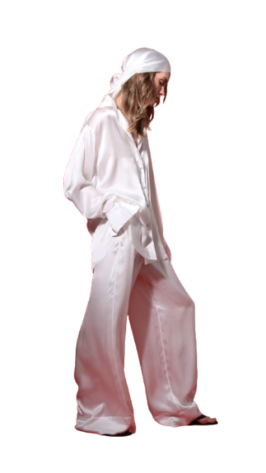 Zīda, platu staru bikses ar kabatām, pērļu tonī