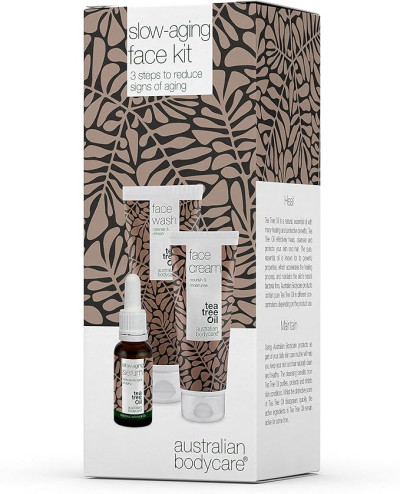 Sejas kopšanas komplekts ar tējas koka eļļu – mazgāšanas līdzeklis, serums un krēms grumbu mazināšanai un intensīvai mitrināšanai