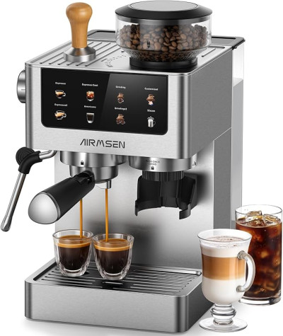 Airmsen automātiskais espresso kafijas automāts ar dzirnaviņām un piena putotāju