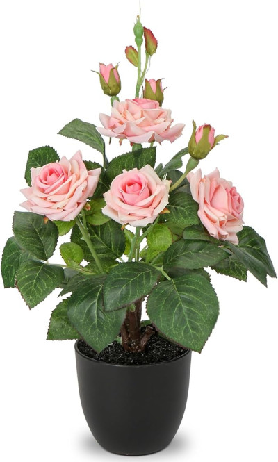 Mākslīgas rozā rozes plastmasas podiņā