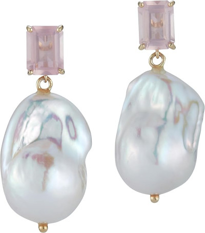 14 karātu dzeltenā zelta auskari ar rozā kvarcu un baroka pērlēm