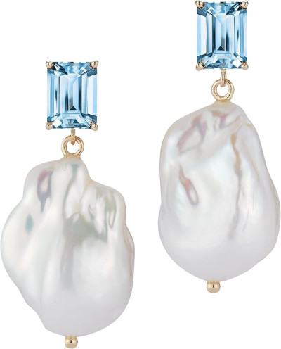 14 karātu dzeltenā zelta auskari ar zilo topāzu un baroka pērlēm