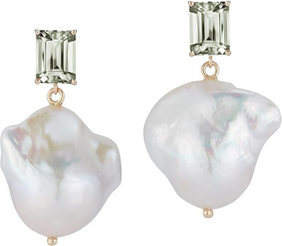 14 karātu dzeltenā zelta auskari ar zaļo ametistu un baroka pērlēm