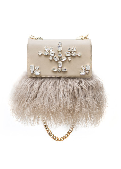 Bēša lamas kažokādas soma ar kristāliem