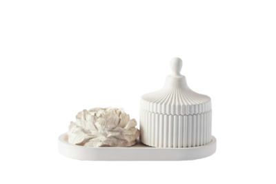 Aromātiskās sveces dāvanu komplekts ar koka dakti, paplāti un ģipša peonijas ziedu