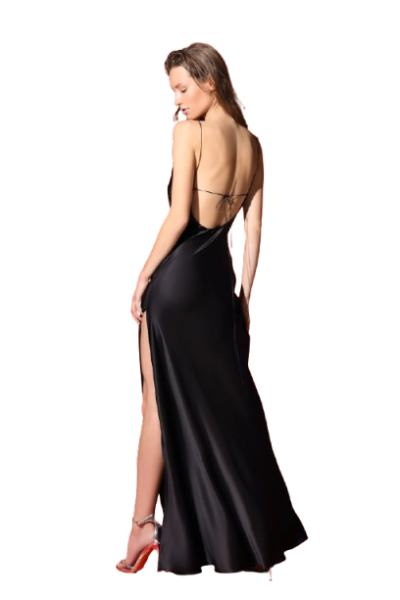 Zhanett gara vakarkleita ar atvērtu muguru un dziļu šķēlumu