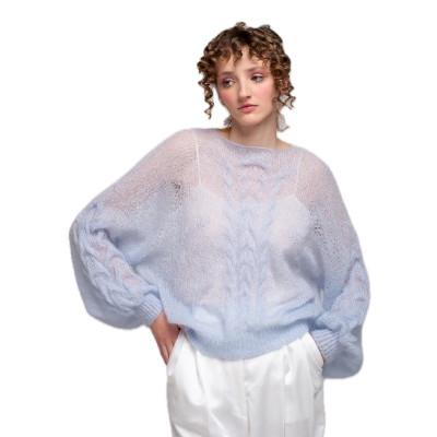 Adīts kidmohēras džemperis ar pīnītes rakstu, pasteļzils